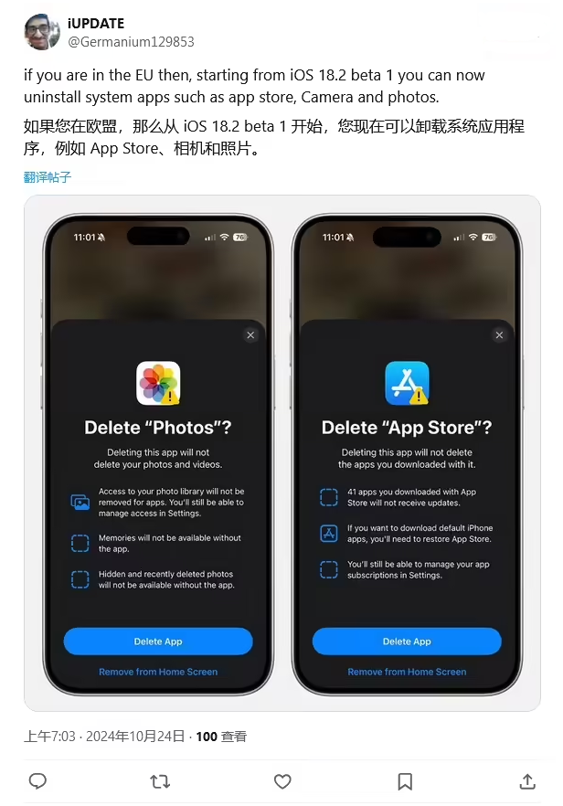 云梦苹果手机维修分享iOS 18.2 支持删除 App Store 应用商店 